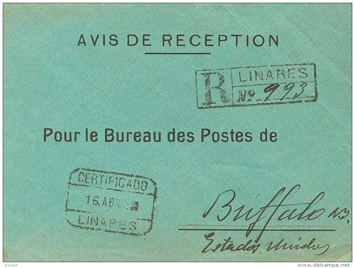 SIGLO XX. Alfonso XIII. Medall&oacute;n. SOBRE 1912. Sobre De Aviso De Recibo Certificado De LINARES A BUFALO (U.S.A.). - Autres & Non Classés