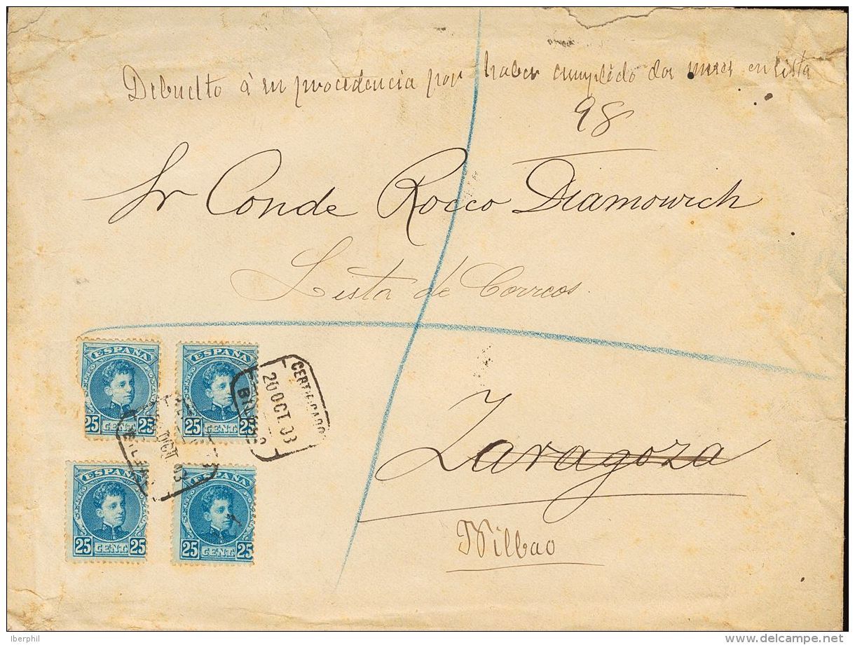 SIGLO XX. Alfonso XIII. Cadete. SOBRE 248(4) 1903. 25 Cts Azul, Cuatro Sellos. Certificado De BILBAO A ZARAGOZA. En El F - Autres & Non Classés