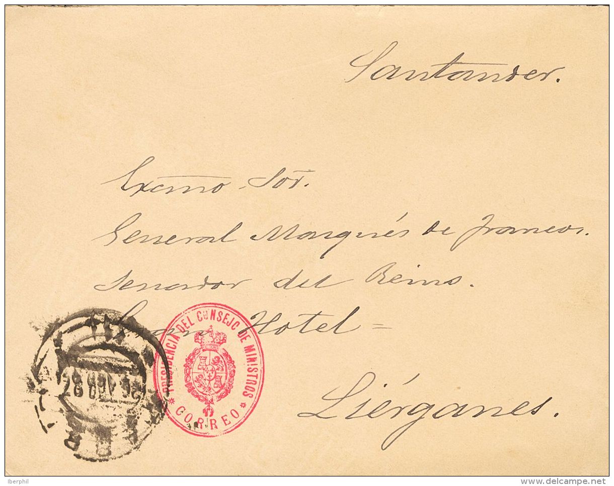 ALFONSO XIII. Alfonso XIII. Pel&oacute;n. SOBRE 1897. MADRID A LIERGANES (CANTABRIA). Marca De Franquicia PRESIDENCIA DE - Andere & Zonder Classificatie