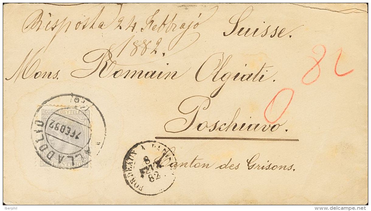 ALFONSO XII. Alfonso XII. 1 De Mayo De 1879. SOBRE 204 1882. 25 Cts Gris Azul. VALLADOLID A POSCHIAVO (SUIZA). Franqueo - Autres & Non Classés