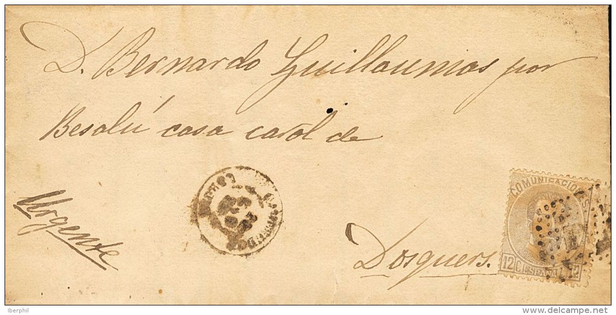 AMADEO I DE SABOYA. SOBRE 122 1872. 12 Cts Lila Gris. MOLLO (GERONA) A DOSQUERS (GERONA). En El Frente Fechador CAMPRODO - Altri & Non Classificati