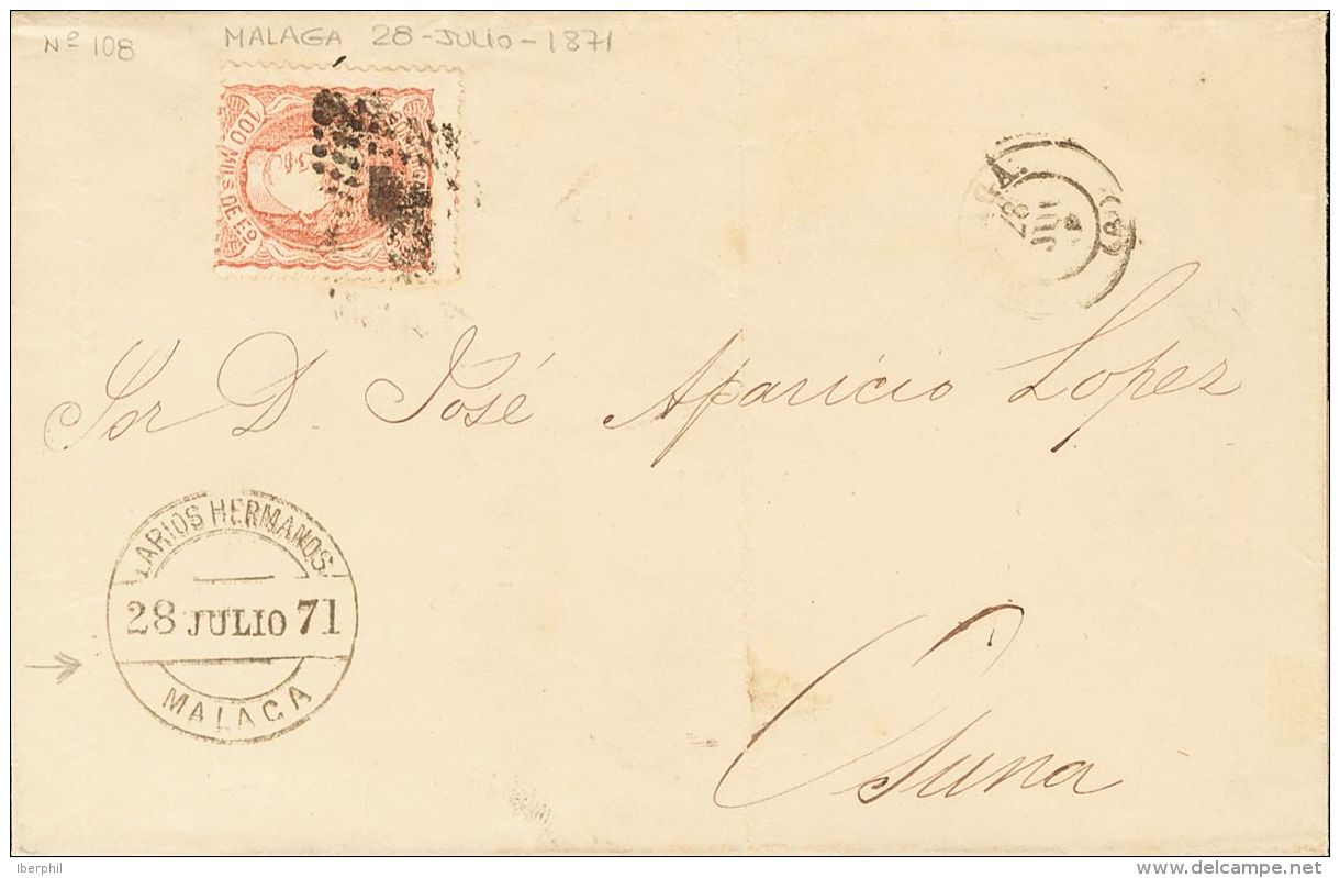 GOBIERNO PROVISIONAL. SOBRE 108F 1871. 100 Mils Casta&ntilde;o Rojo FALSO POSTAL TIPO II. MALAGA A OSUNA (Dirigida A Jos - Andere & Zonder Classificatie