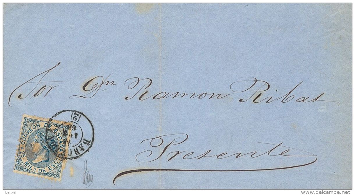 ISABEL II. Isabel II. 1 De Enero De 1869. SOBRE 97 1868. 25 Mils Azul. Correo Interior De BARCELONA. Matasello BARCELONA - Autres & Non Classés