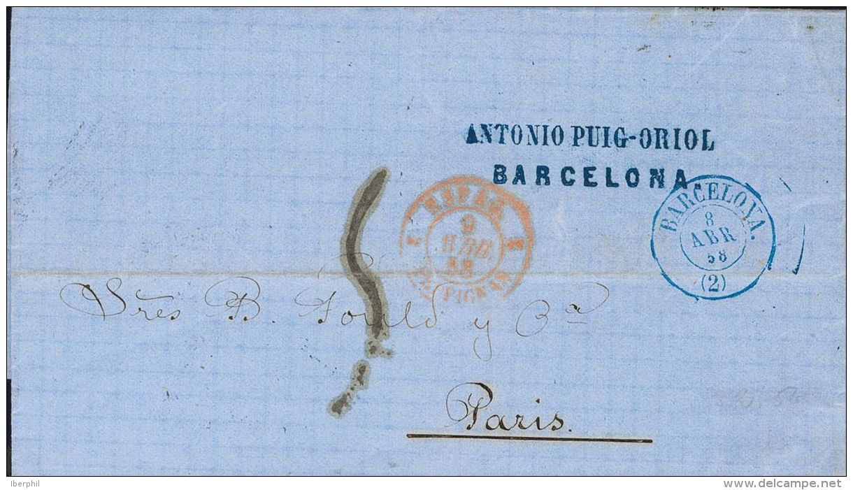 ISABEL II. Isabel II. 11 De Abril De 1856. Papel Blanco. SOBRE 1858. BARCELONA A PARIS (FRANCIA). Fechador BARCELONA / ( - Andere & Zonder Classificatie