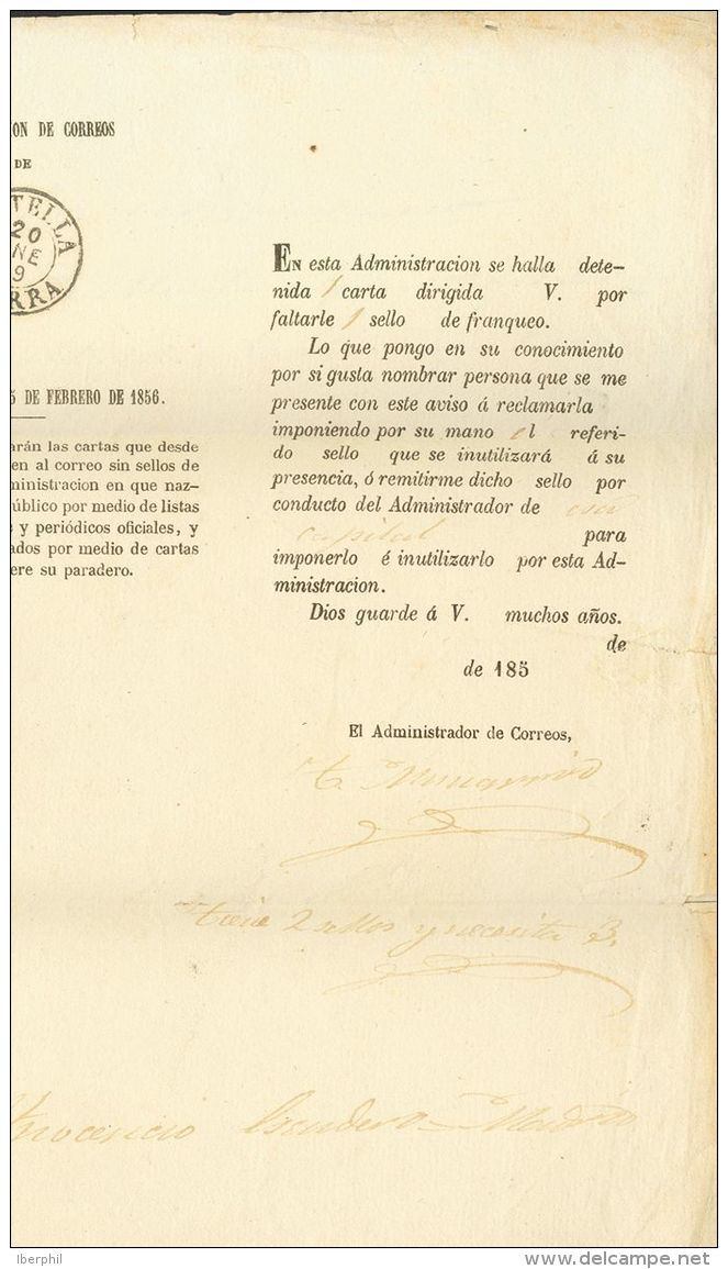 ISABEL II. Isabel II. 11 De Abril De 1856. Papel Blanco. SOBRE 1859. ESTELLA A MADRID (mancha De Humedad). Aviso De Corr - Autres & Non Classés