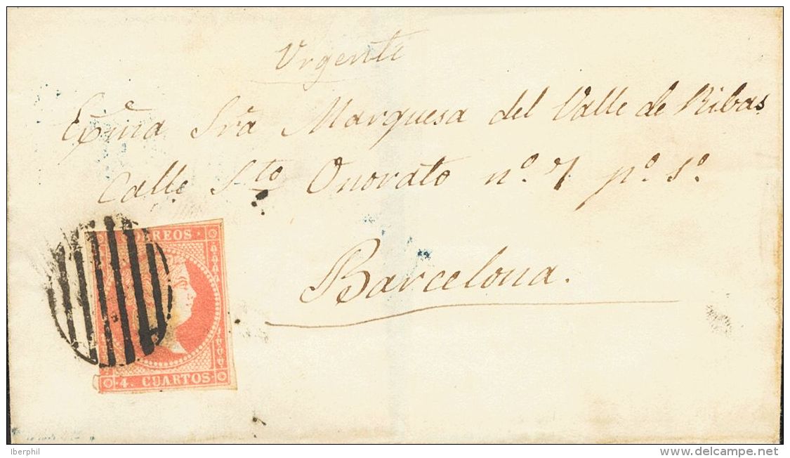 ISABEL II. Isabel II. 11 De Abril De 1856. Papel Blanco. SOBRE 48 1858. 4 Cuartos Rojo. Dirigida A BARCELONA. En El Fren - Andere & Zonder Classificatie