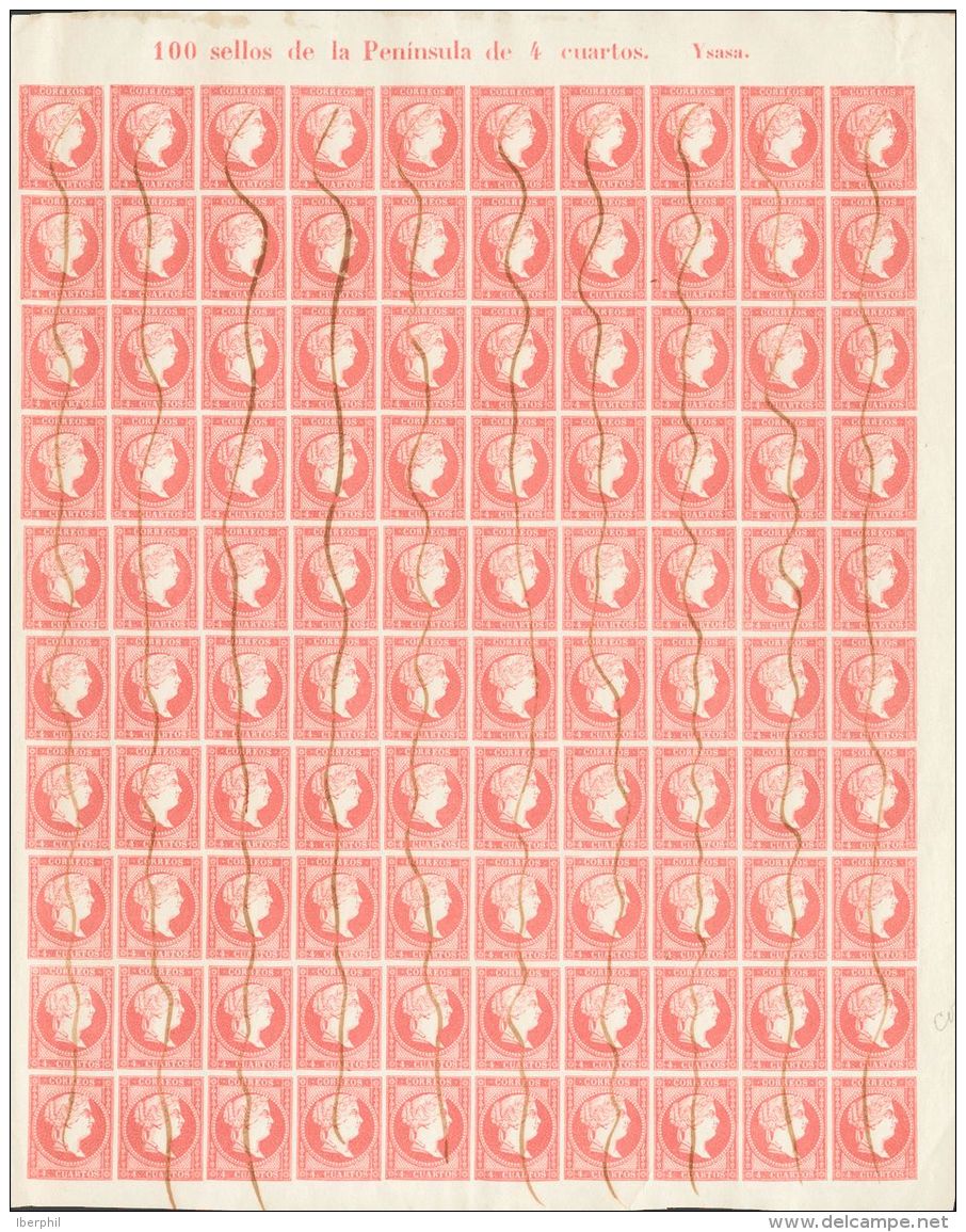 ISABEL II. Isabel II. 11 De Abril De 1856. Papel Blanco. &ordm; 48(100) 4 Cuartos Rojo Rosa, Hoja Completa De Cien Sello - Other & Unclassified