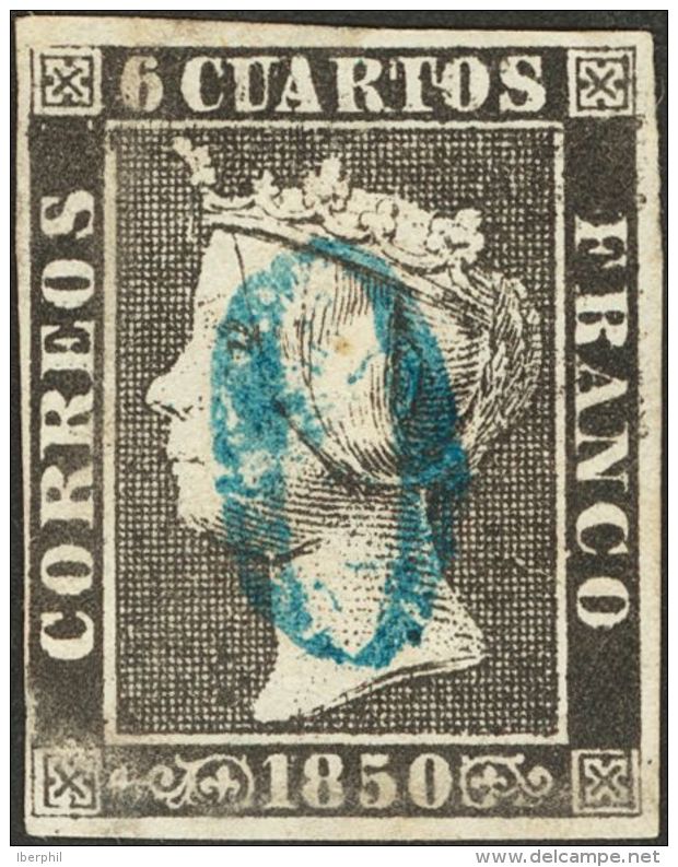 ISABEL II. Isabel II. 1 De Enero De 1850. &ordm; 1A 6 Cuartos Negro (II-8). Matasello Prefilat&eacute;lico "O", En Azul - Autres & Non Classés