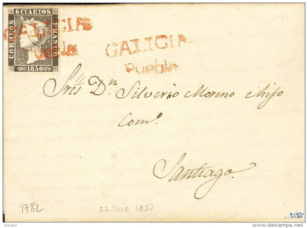 ISABEL II. Isabel II. 1 De Enero De 1850. SOBRE 1A 1850. 6 Cuartos Negro. PUEBLA A SANTIAGO. Matasello Prefilat&eacute;l - Other & Unclassified