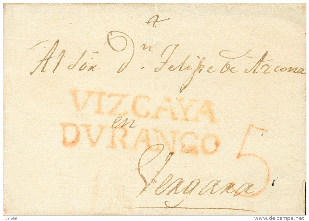 PREFILATELIA. Pais Vasco. SOBRE (1823ca). DURANGO A VERGARA. Marca VIZCAYA / DVRANGO, En Rojo (P.E.4) Edici&oacute;n 200 - ...-1850 Prephilately