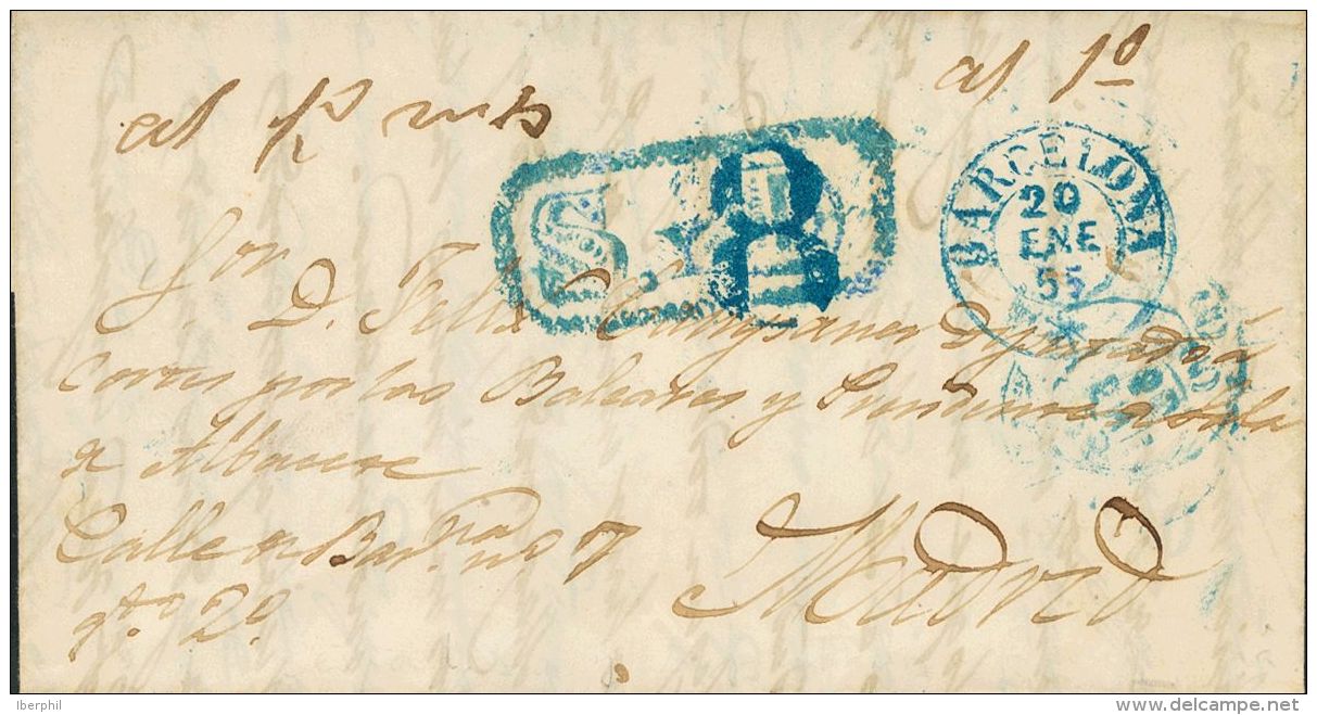 PREFILATELIA. Madrid. SOBRE 1855. BARCELONA A MADRID. Marca "S. Y D." (senadores Y Diputados), En Azul Aplicada A La Lle - ...-1850 Prephilately