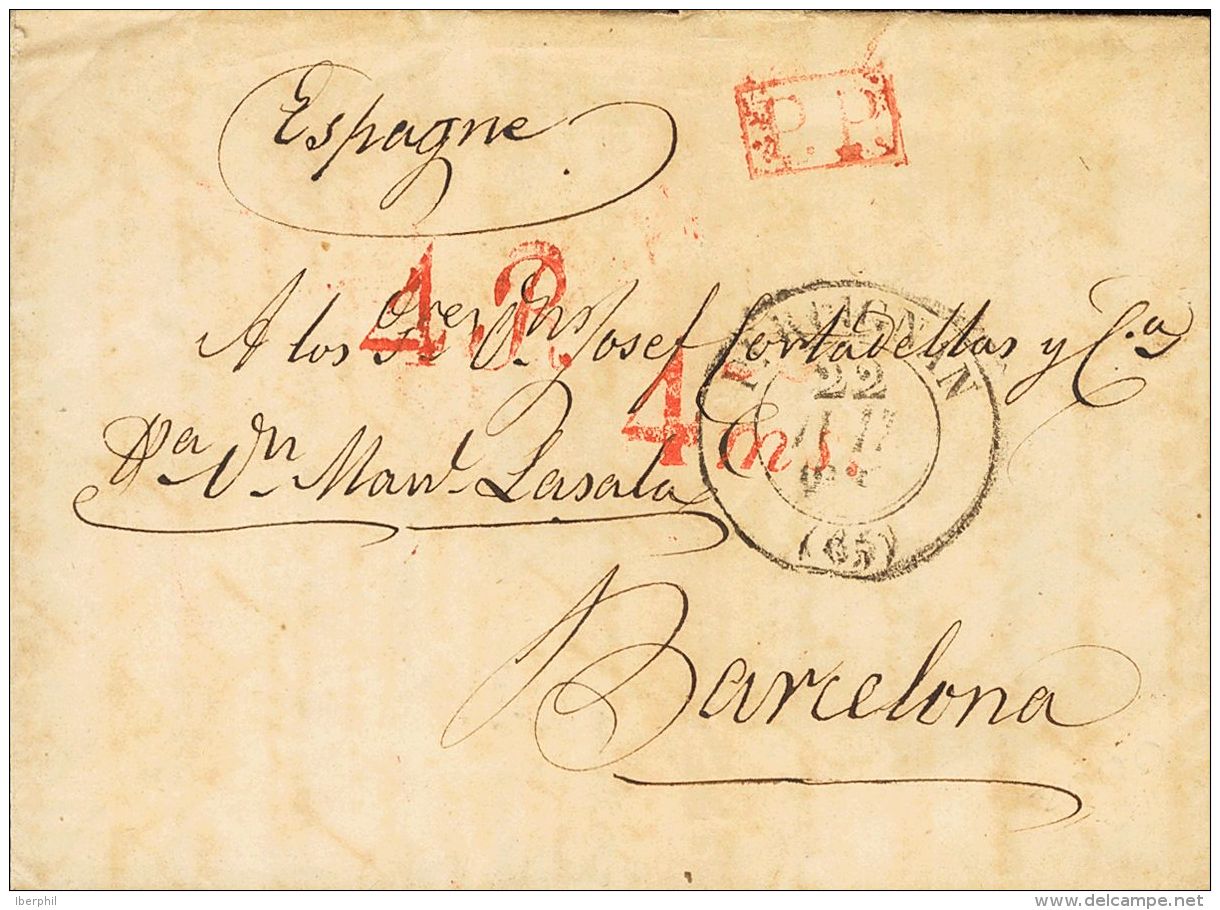 PREFILATELIA. Catalu&ntilde;a. SOBRE 1837. PERPIGNAN A BARCELONA. Marcas De Porteo "4 R" Y "4 Ms", En Rojo Aplicadas A L - ...-1850 Préphilatélie