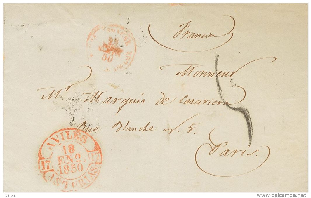 PREFILATELIA. Asturias. SOBRE 1850. AVILES A PARIS (FRANCIA). Baeza AVILES / ASTURIAS, En Rojo. MAGNIFICA. - ...-1850 Vorphilatelie