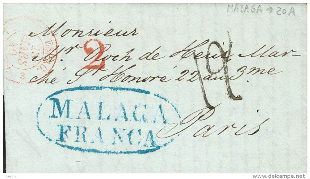PREFILATELIA. Andaluc&iacute;a. SOBRE 1840. MALAGA A PARIS (FRANCIA). Marca MALAGA / FRANCA, En Azul (P.E.21) Edici&oacu - Other & Unclassified