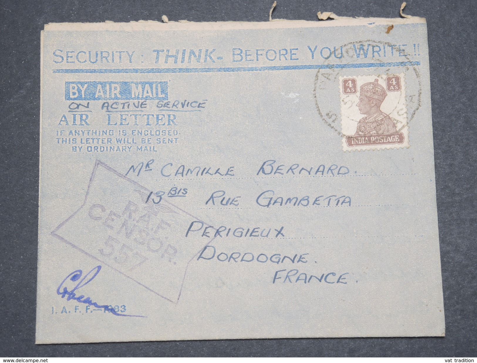 GRANDE - BRETAGNE / INDE - Aérogramme Militaire Pour La France Avec Contrôle Postal RAF - L 7686 - 1936-47 Roi Georges VI