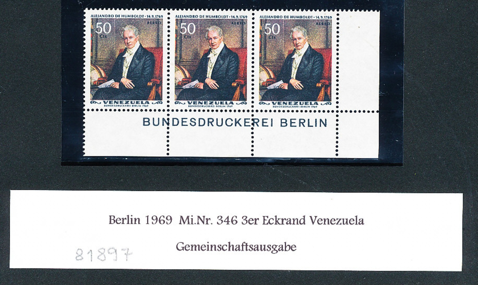 Venezuela Michel Nr. 346 Alexander Von Humbold Rechter Eckrand 3er Streifen Mit Druckvermerk Der Bundesdruckerei ++ - Variétés Et Curiosités