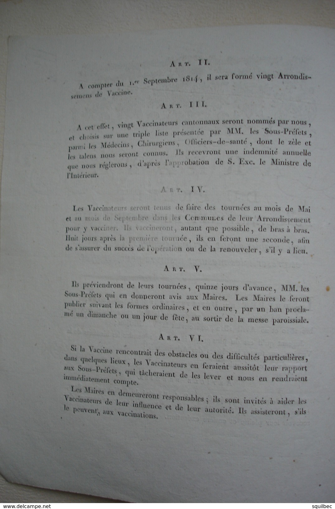 PREFET DE LOUIS XVIII Restauration  Mesures à Suivre Pour La Vaccination Contre La Petite Vérole 1814 - Documents Historiques