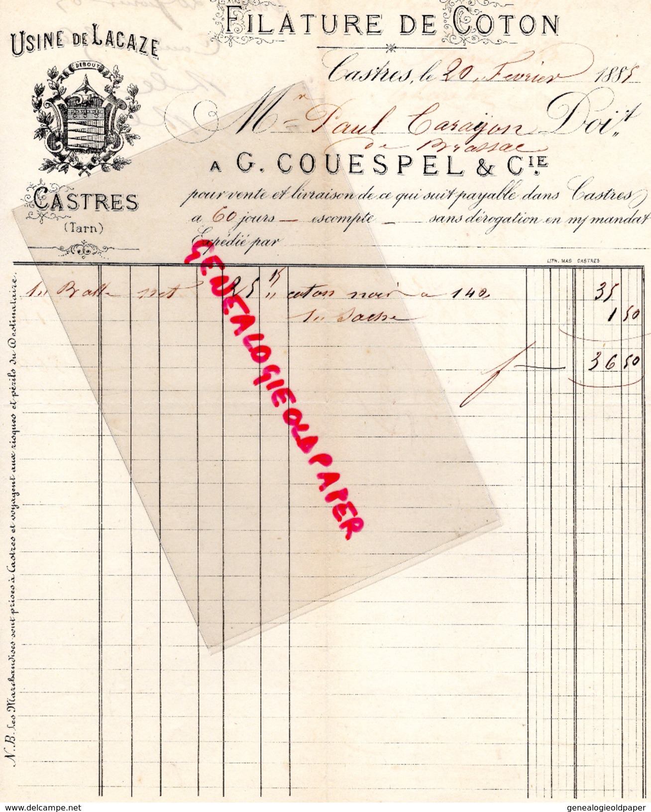 81 - CASTRES- FACTURE G. COUESPEL & CIE- FILATURE COTON -USINE DE LACAZE- 1885 - Petits Métiers