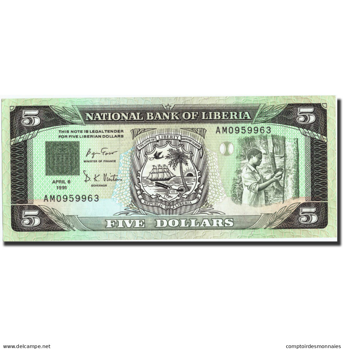 Billet, Liberia, 5 Dollars, 1991, 1991-04-06, KM:20, NEUF - Liberia