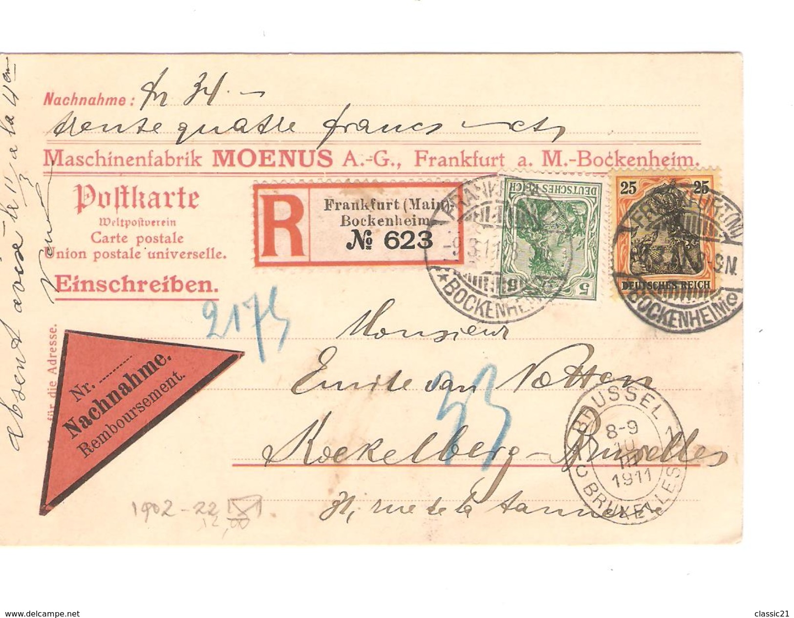 Deutsches Reich Nachname 34 Frs.Einschreiben Frankfurt(Main)Bockenheim 1911 Nach Belgien Koekelberg 420 - Lettres & Documents