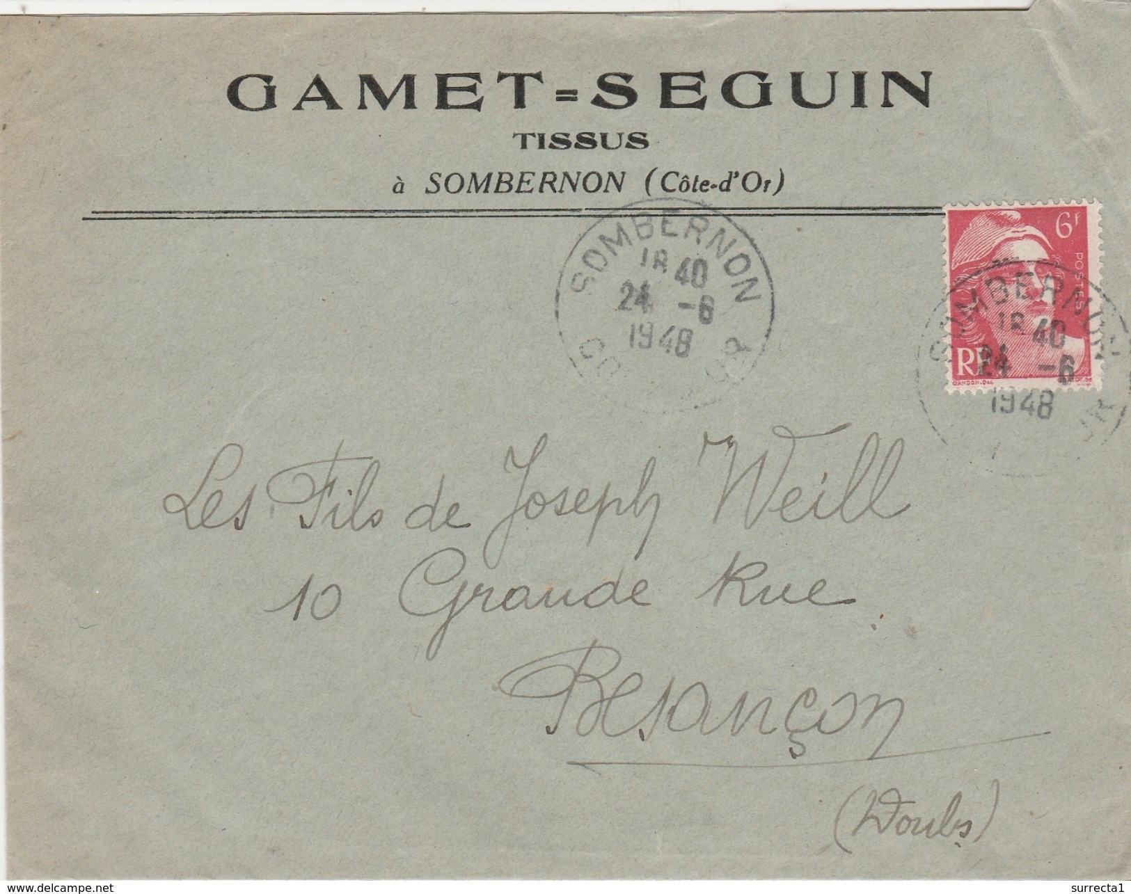 Enveloppe Commerciale 1948 / GAMET SEGUIN / Tissus / Cachet Sombernon / 21 Côte D' Or - Autres & Non Classés