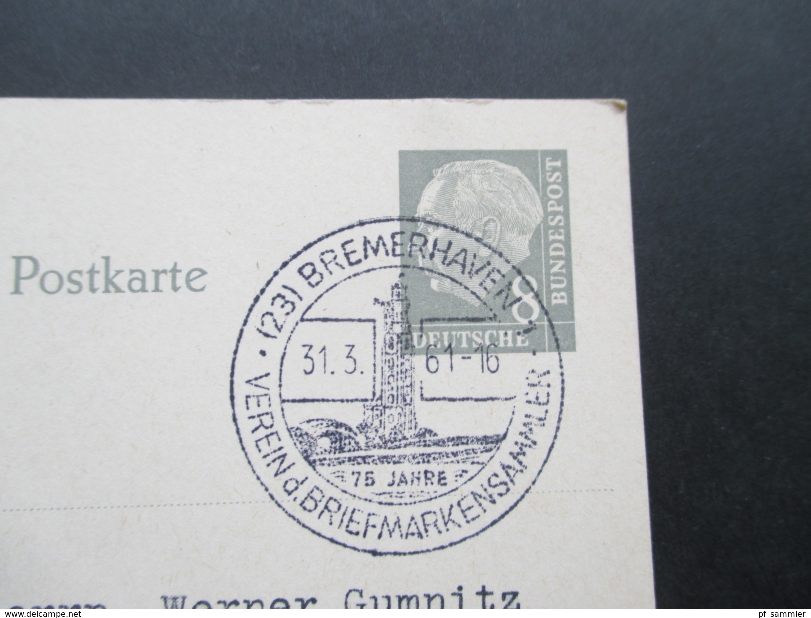 BRD 1961 Ganzsache P30 Mit Zusatzfrankatur Berlin. Sonderstempel Bremerhaven  75 Jahre Verein D. Briefmarkensammler - Postales - Usados