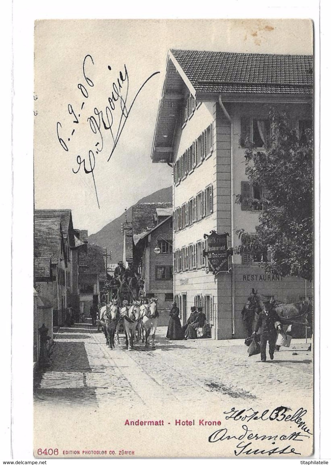 CPA Suisse Canton Uri Andermatt Hotel Krone Très Animée Calèche Attelage Chevaux Personnages Circulée 1906 - Andermatt