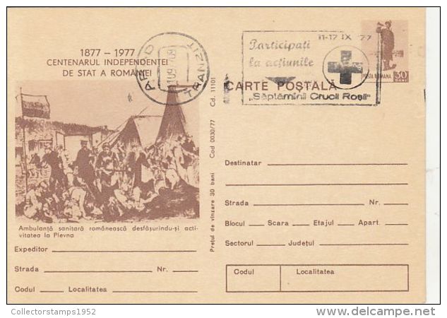 60514- PLEVNA BATTLE WOUNDED, WARFIELD HOSPITAL, RED CROSS WEEK, POSTCARD STATIONERY, 1977, ROMANIA - Croix-Rouge