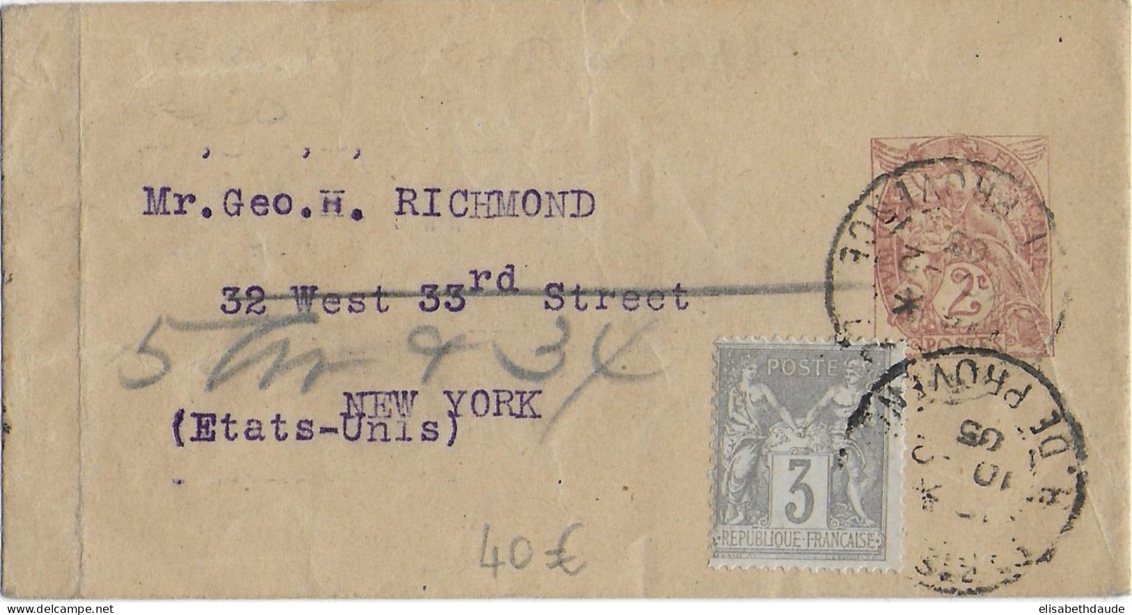 1905 - BANDE ENTIER POSTAL TYPE BLANC Avec COMPLEMENT SAGE 3c De PARIS => NEW YORK (USA) - Streifbänder