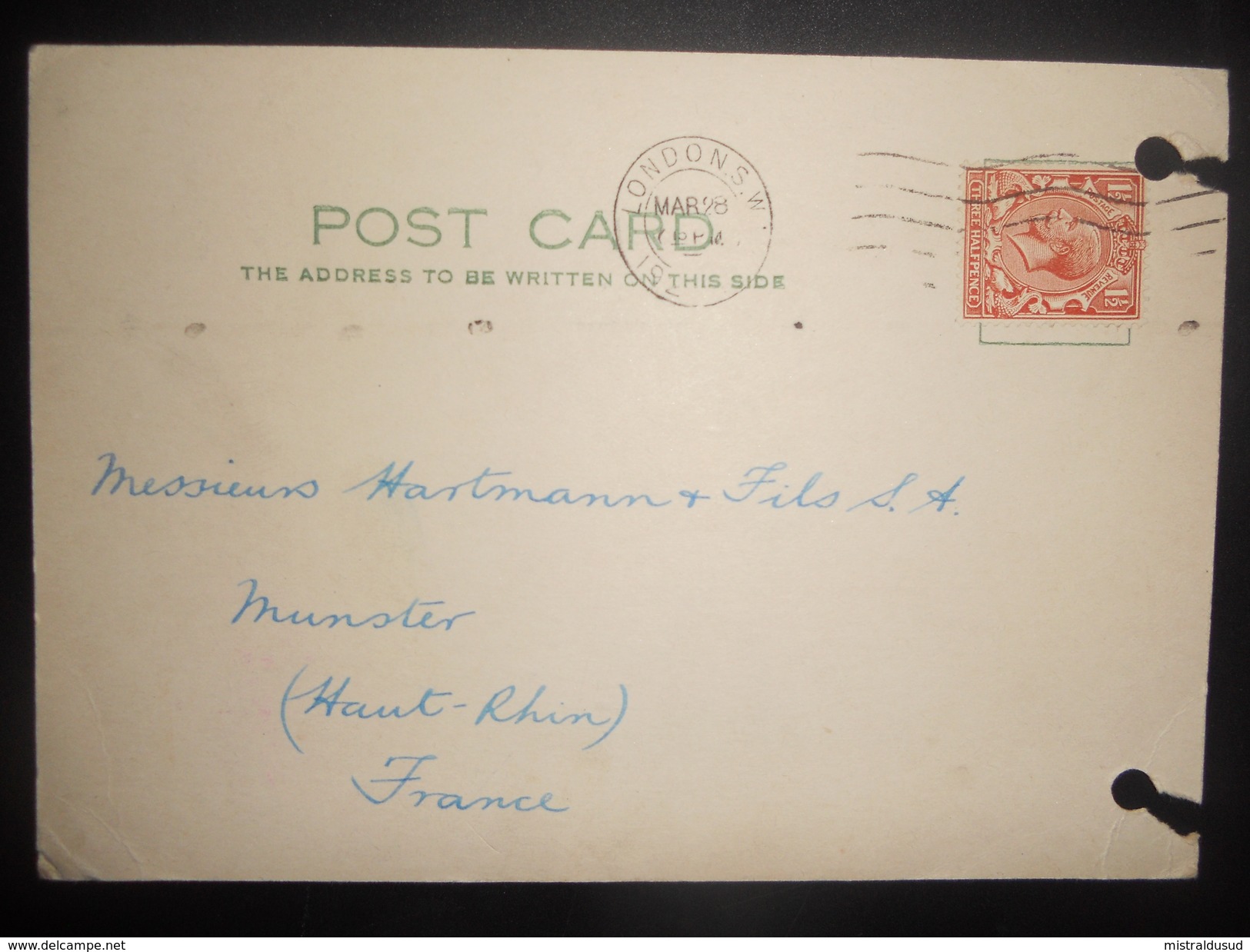 Grande Bretagne Fiscal Carte De London 1929 Pour Munster - Revenue Stamps