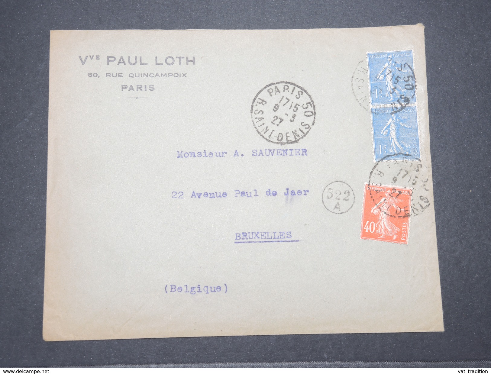 FRANCE - Enveloppe De Paris Pour La Belgique En 1927 , Affranchissement Semeuses - L 7774 - 1921-1960: Modern Period