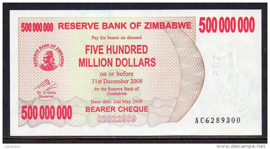 530-Zimbabwe Billet De 500m De Dollars 2008 AC628 Neuf - Zimbabwe