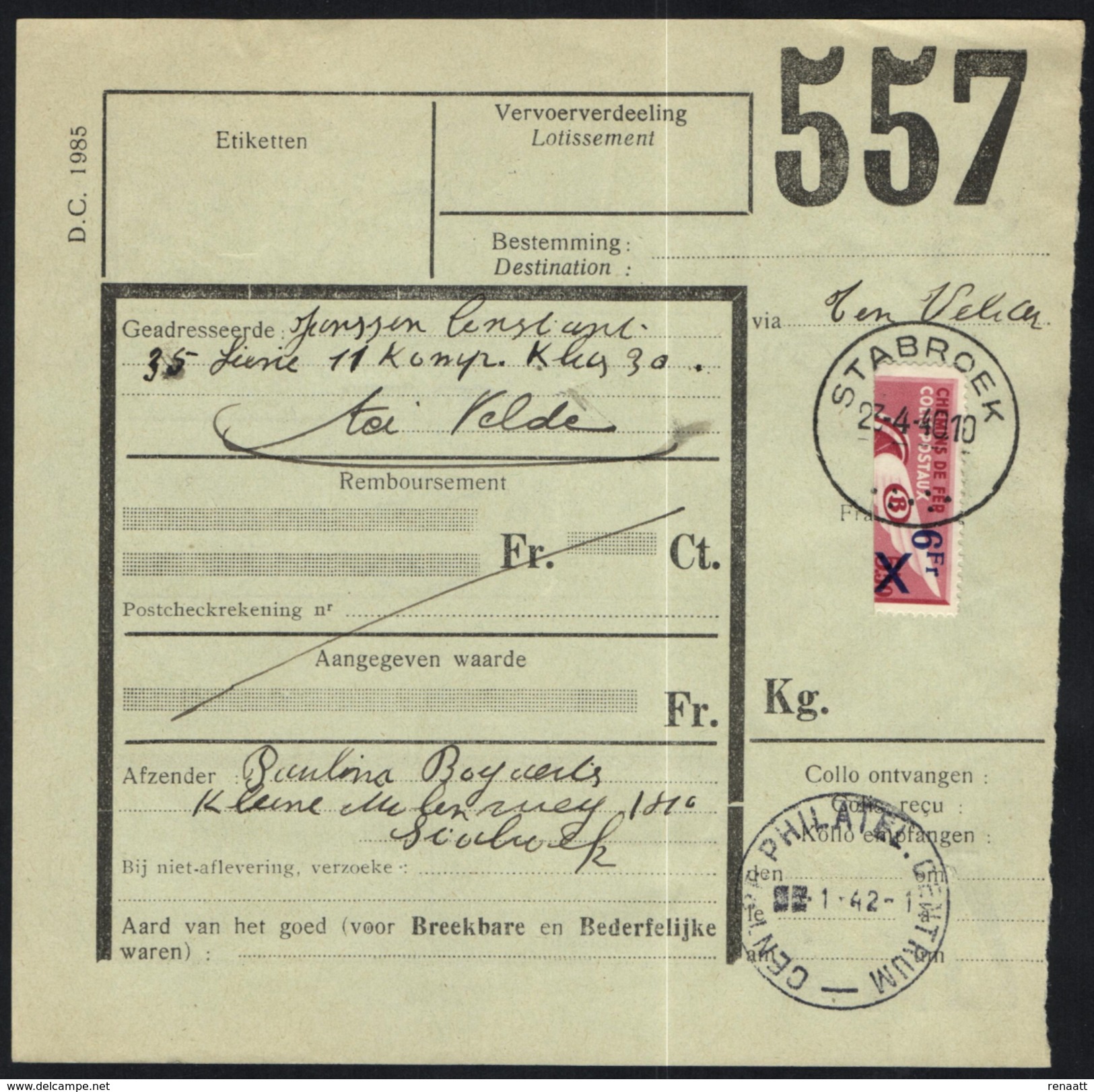 Belgium 1938 TR204 Half Stamp As Preliminary Postage On Fragment Colis Du Soldat Stabroek To Ten Velde 23-Apr-40 - 2. Weltkrieg