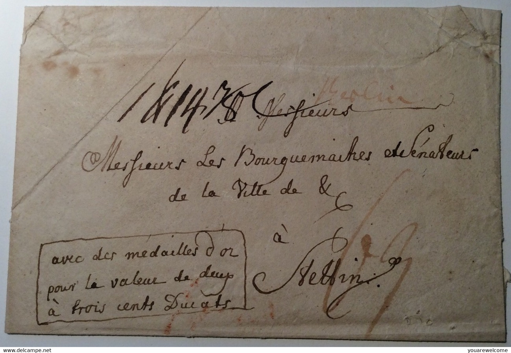 Preussen GOLD MEDAILLE Ca 1780 Paketbegleitbrief "BERLIN" > STETTIN "AVEC DES MEDAILLES D' OR..." (Vorphilatelie Brief - Pièces De Monnaie D'or