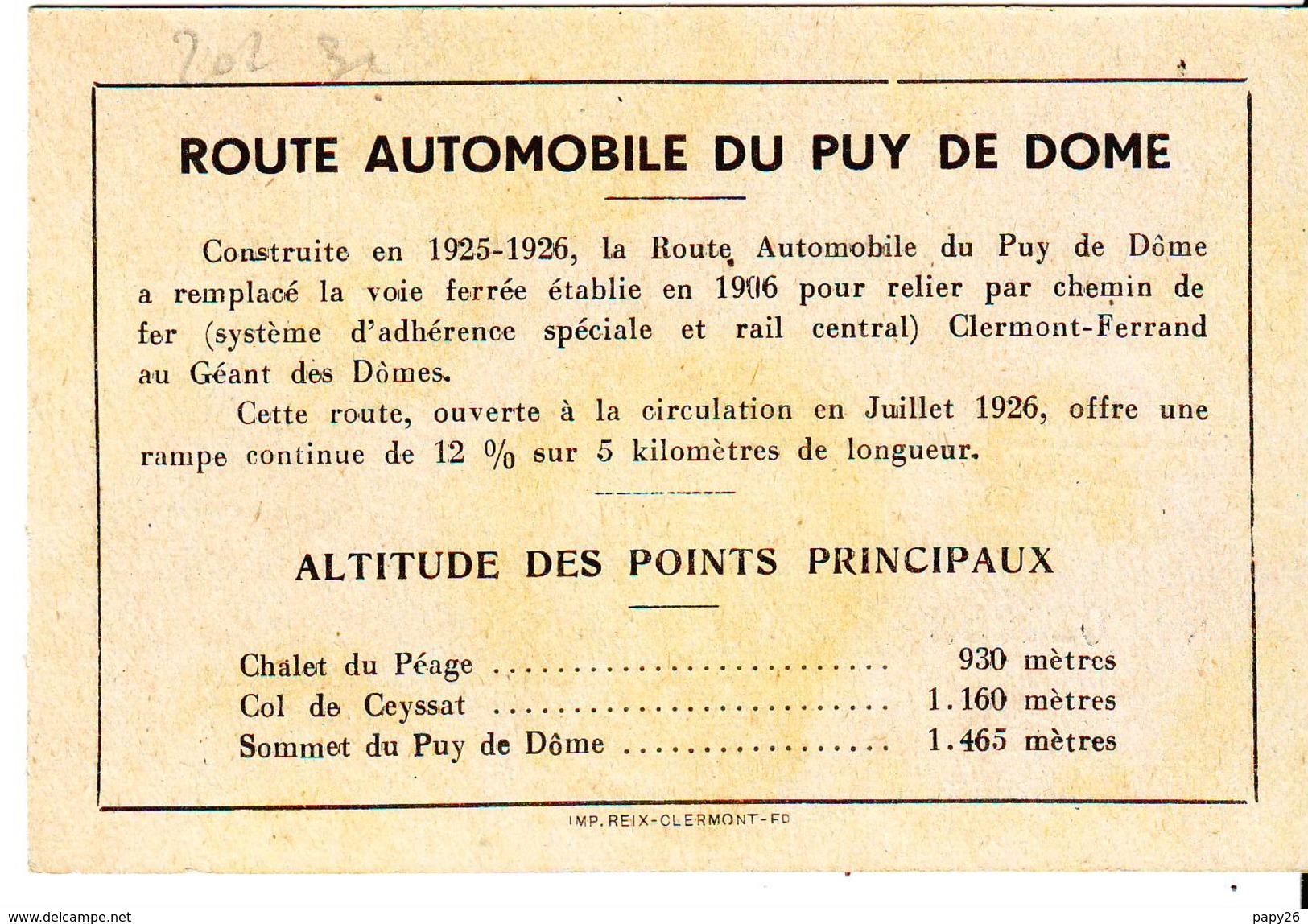 Carte  Route Automobile Du Puy De Dome - Autres & Non Classés