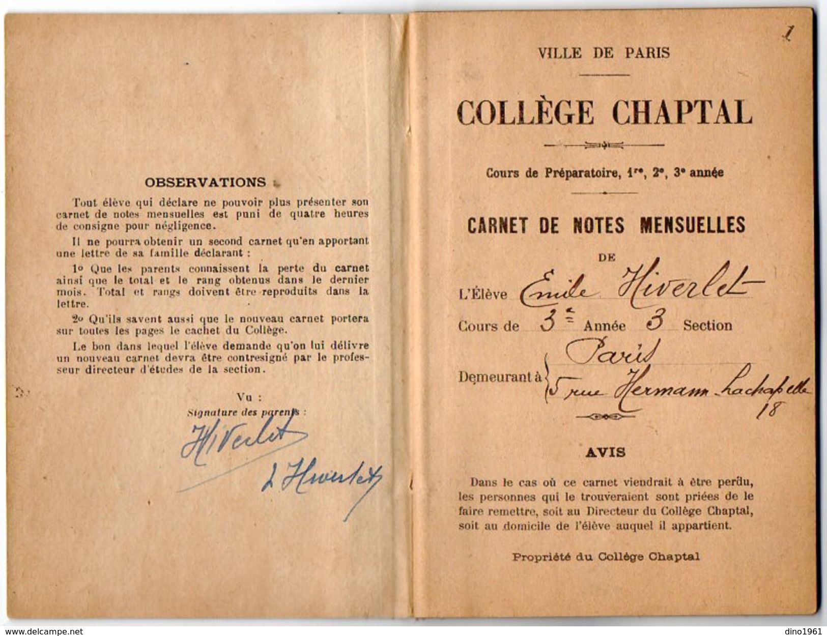 VP10.186 - 1927 - 1929 - Ville De PARIS - Collège Chaptel - Livret & Carnet De Notes Mensuelles - Diplomi E Pagelle