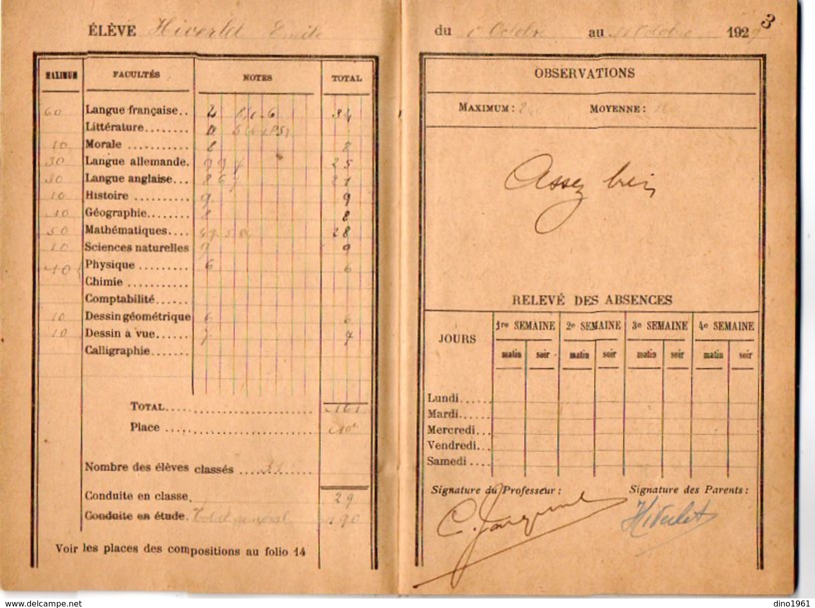 VP10.186 - 1927 - 1929 - Ville De PARIS - Collège Chaptel - Livret & Carnet De Notes Mensuelles - Diploma & School Reports