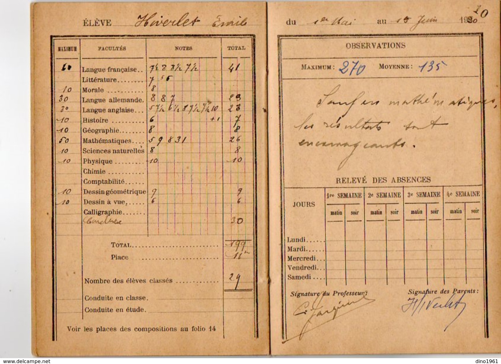 VP10.186 - 1927 - 1929 - Ville De PARIS - Collège Chaptel - Livret & Carnet De Notes Mensuelles - Diplômes & Bulletins Scolaires