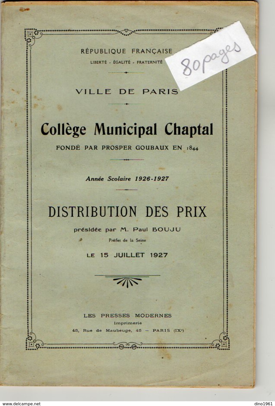 VP10.186 - 1927 - 1929 - Ville de PARIS - Collège Chaptel - Livret & Carnet de Notes Mensuelles