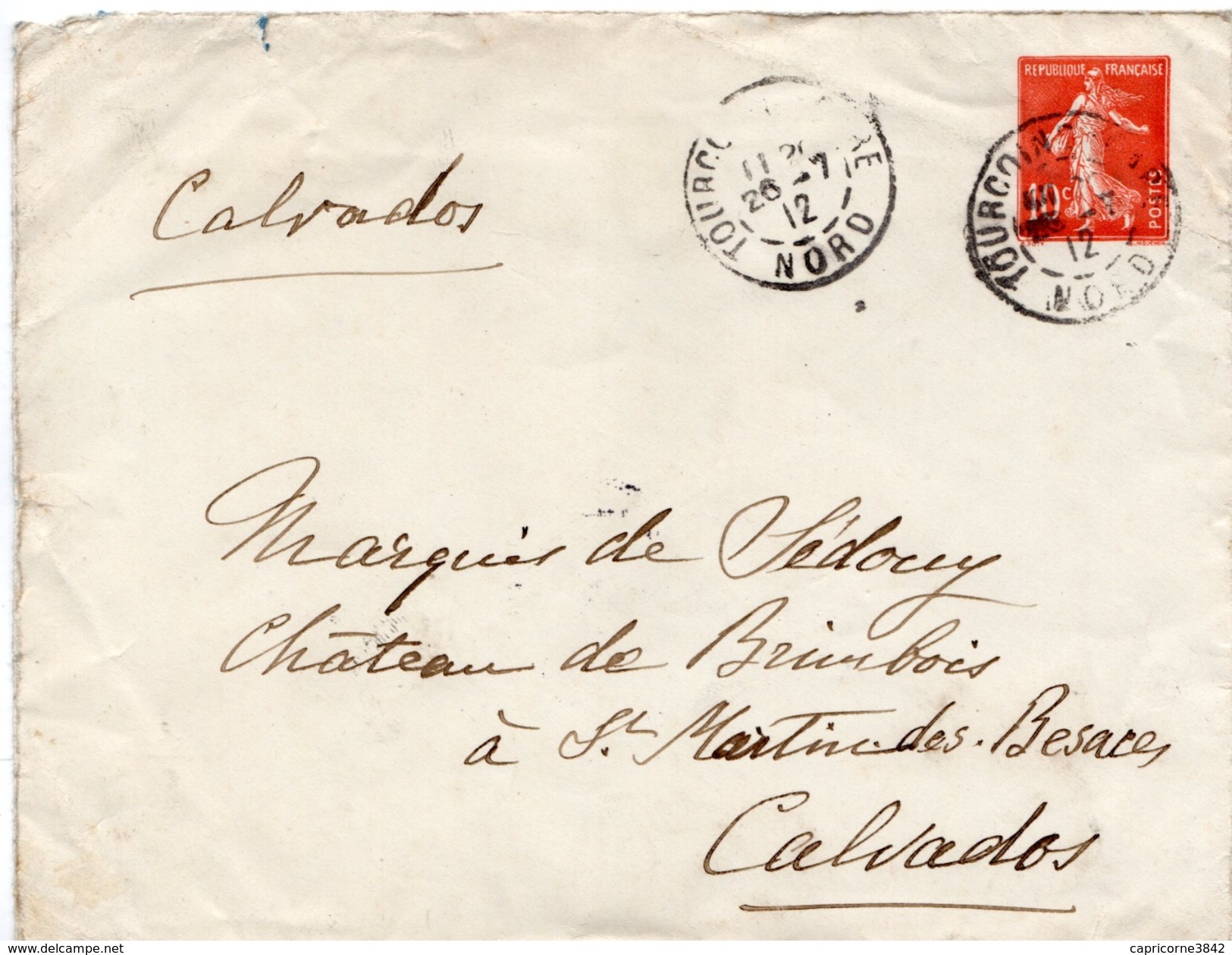 1912 - Enveloppe Entier Postal Tp Semeuse 10ct Rouge (N°138 IC) Obl Tourcoing (Enveloppe 147 X 112) - Enveloppes Types Et TSC (avant 1995)