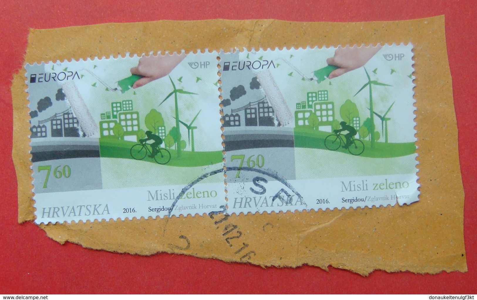 2016 CROATIAN STAMPS, THINK GREEN Postmark SPLIT ON PIECE OF ENVELOPE. - Croatie