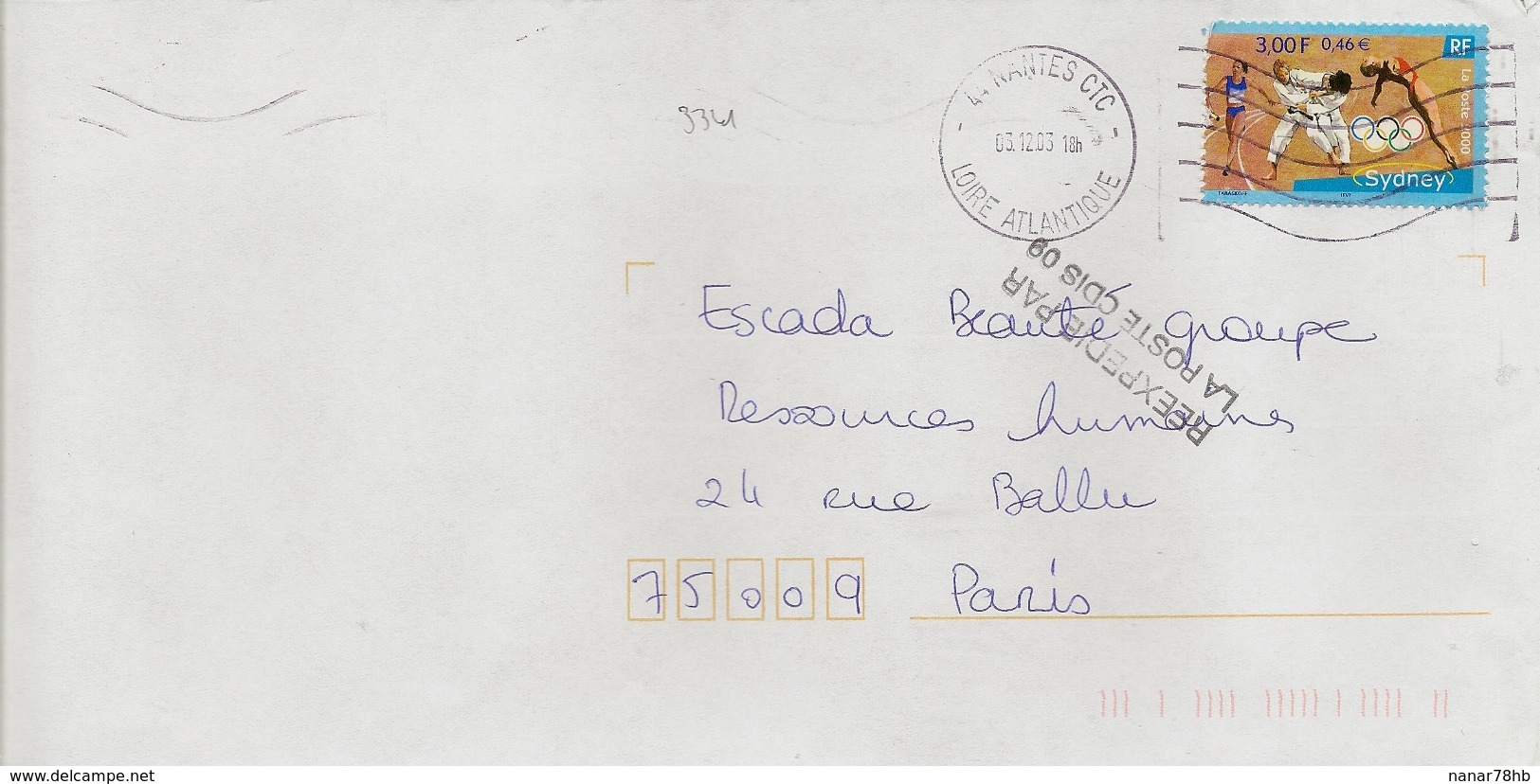 Timbre Seul Sur Lettre N°3341 Jeux Olympiques De Sydney (oblitération Du 03/12/2003) Avec Griffe De Reexpedition - 1961-....