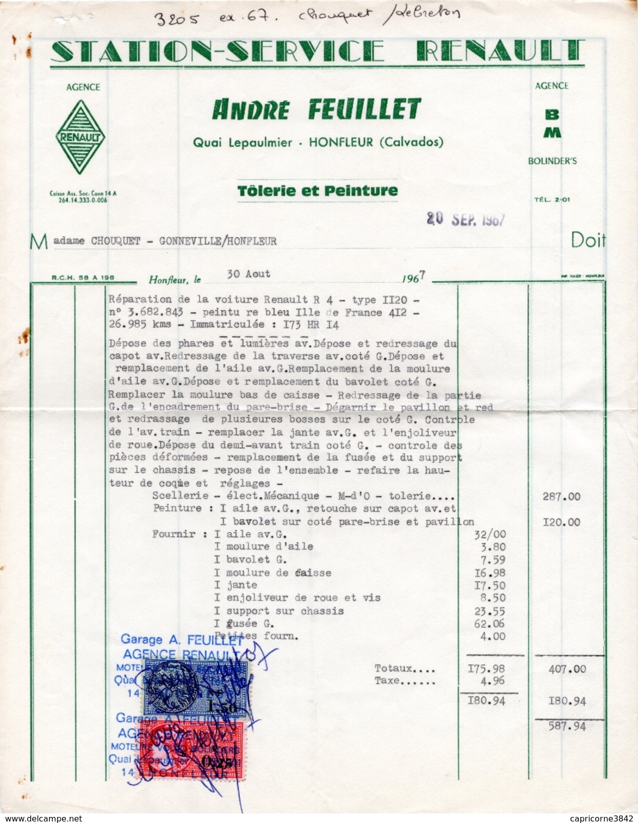 1967 - Facture De Garage - Type "Médaillon De Daucy" - Timbres 1,50fr Bleu + 0,25fr Rouge - Sonstige & Ohne Zuordnung
