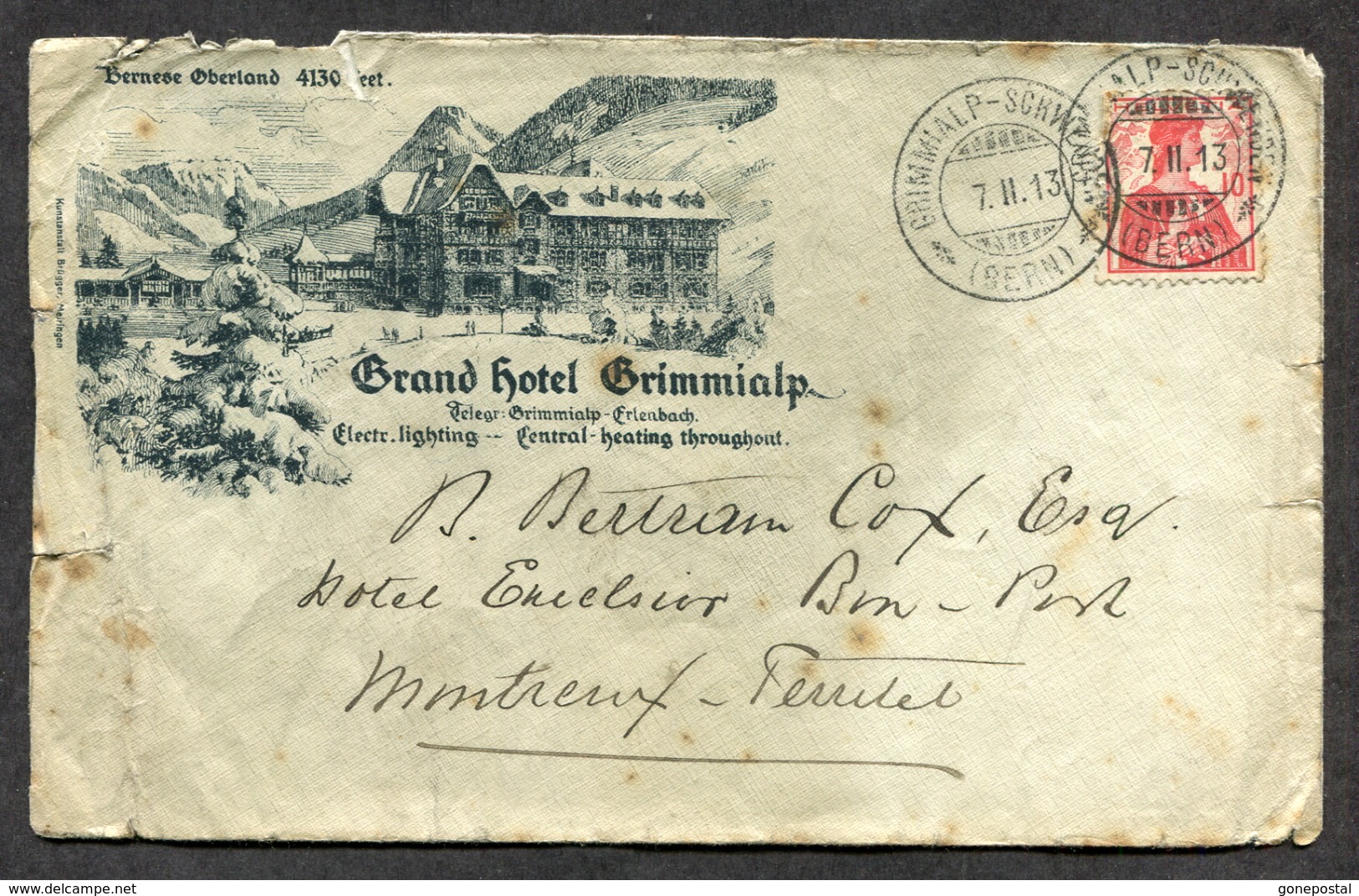 D1049 - SWITZERLAND Grimmienalp-Schwenden 1913  ILLUSTRATED Advertising Cover. Grand Hotel - Briefe U. Dokumente