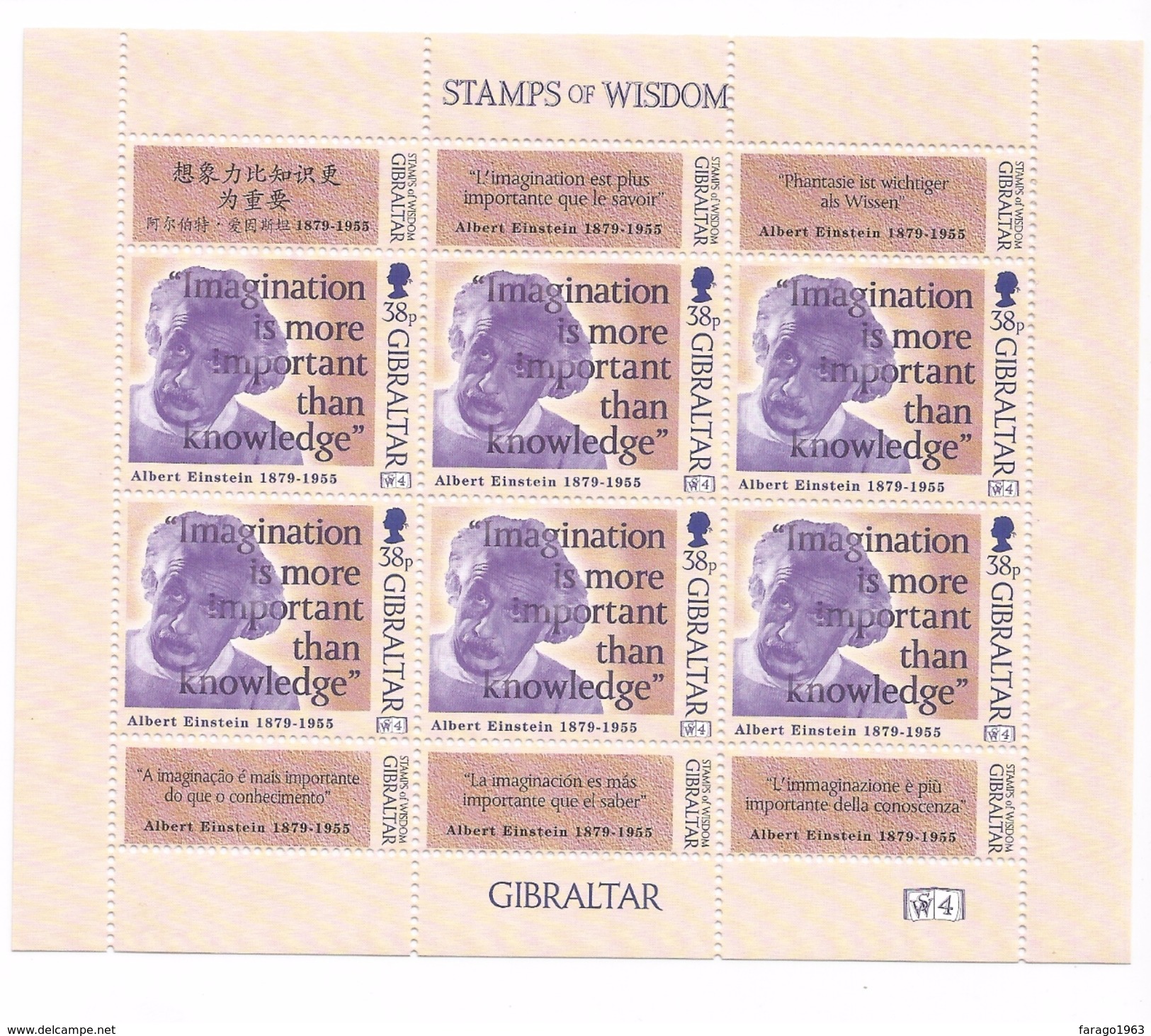 1998 Gibraltar Einstein Famous Quotations Science Physics Nobel  Miniature Sheet Of 6  MNH - Albert Einstein