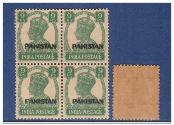 Pakistan 1947 9p. Overprint Pakistan On  Br. India Stamps Block Of 4 - Pakistan