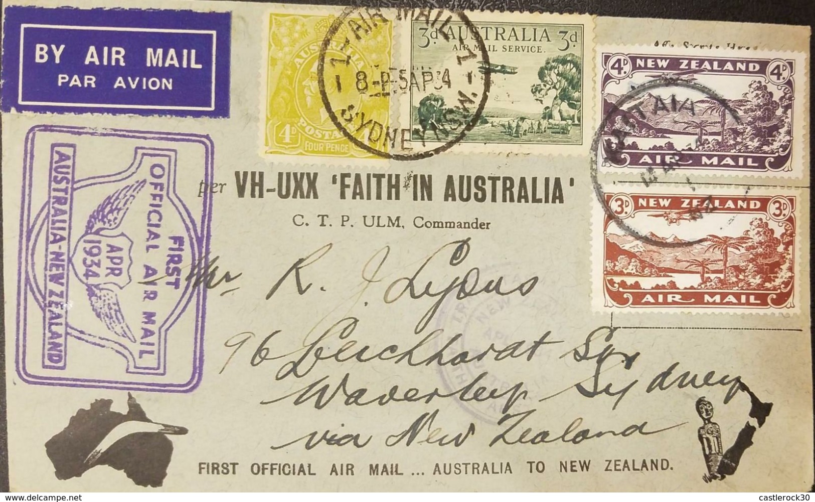 O) 1934 AUSTRALIA, KING GEORGE V - 4 PENCE,   FIRST  OFICIAL FLIGHT AUSTRALIA TO NEW ZEALAND,STAMPS COUNTRY ISSUER AND D - Brieven En Documenten