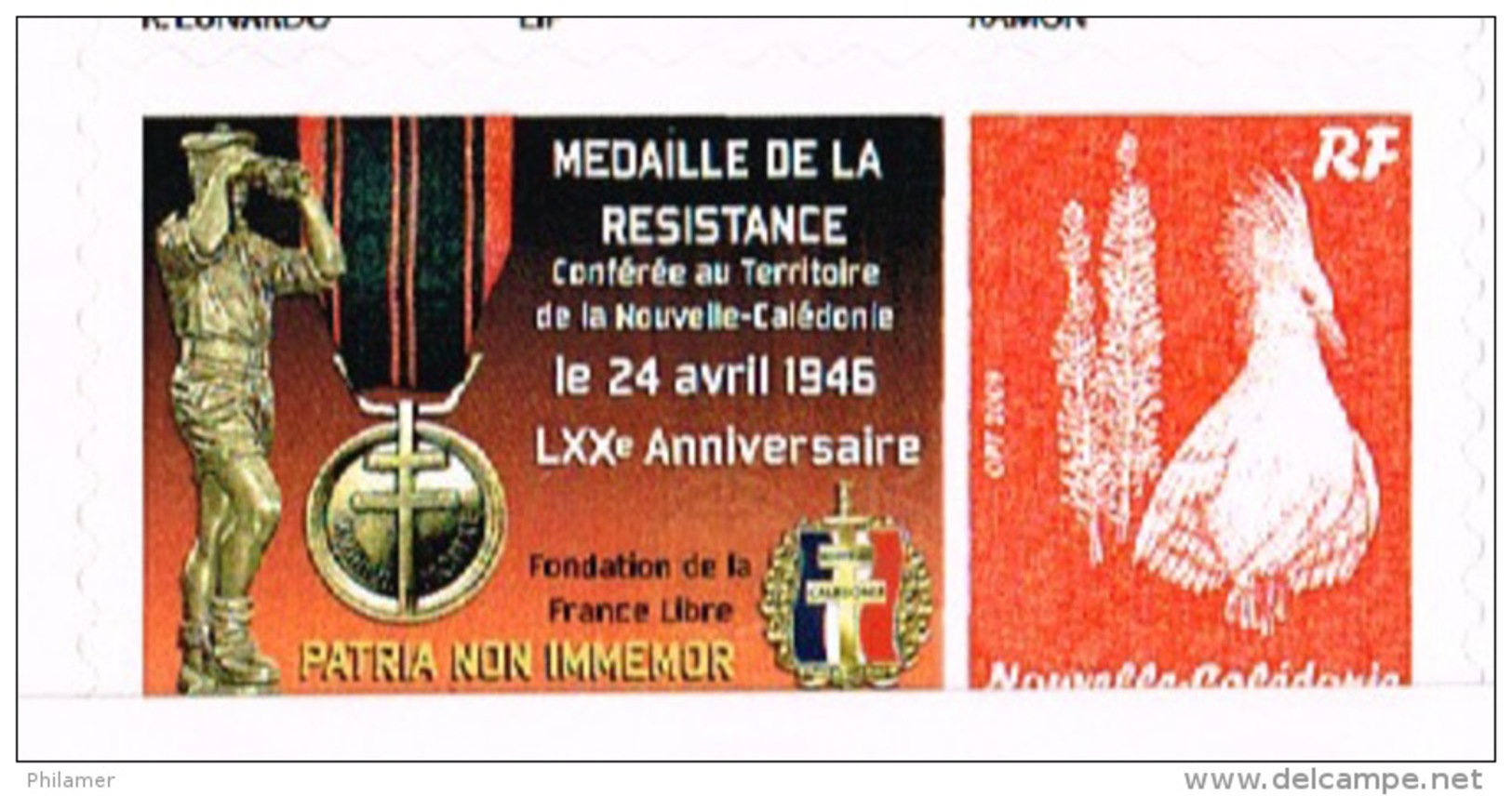 Nouvelle Caledonie Timbre Personnalisé Autocollant Privé Medaille Resistance Croix Lorraine 2016 Neuf - Other & Unclassified