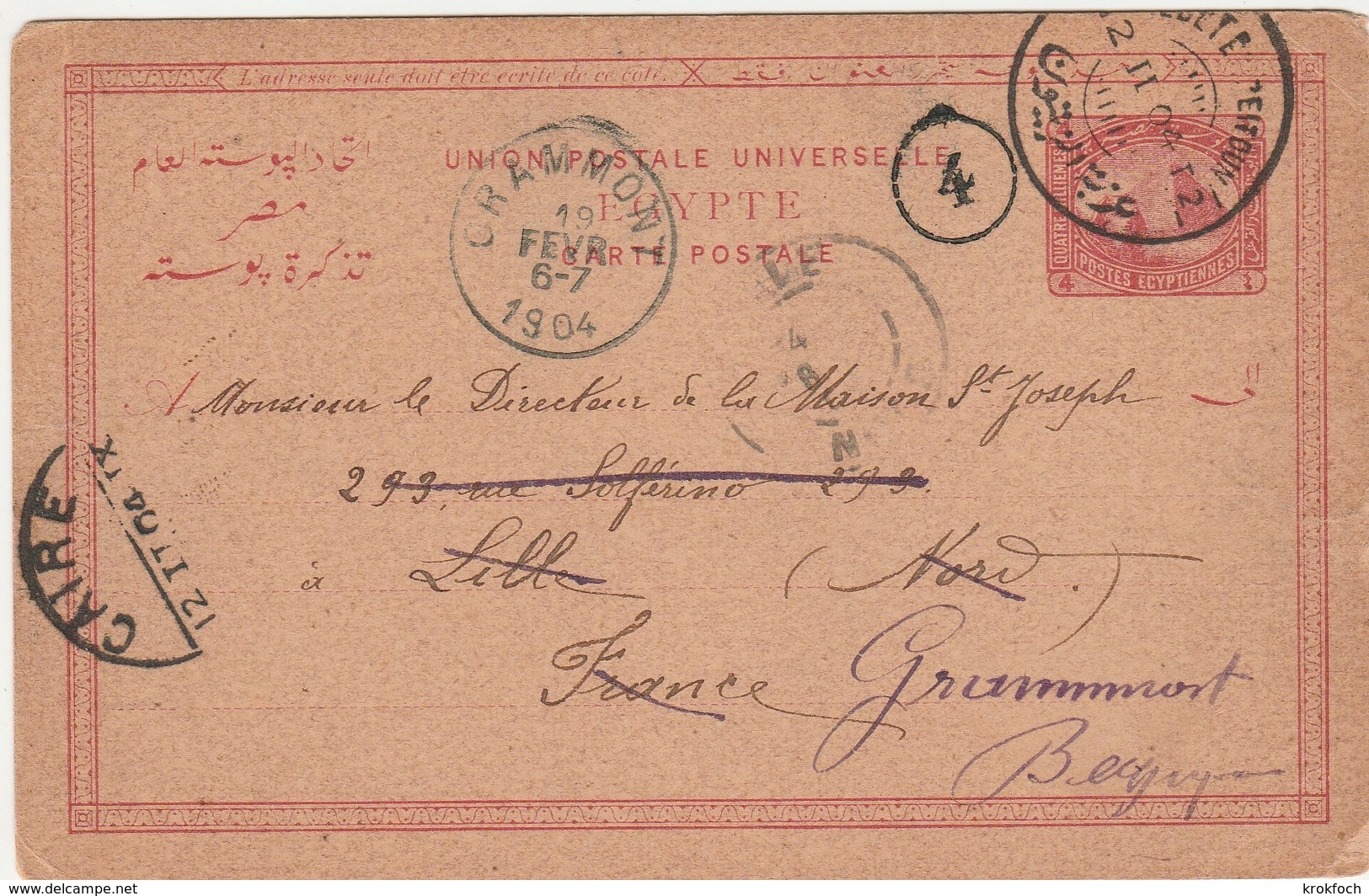 Cairo 1904 Le Caire - Carte Entier Ganzsache Stationery Pour Grammont Belgique - 1915-1921 Protectorat Britannique