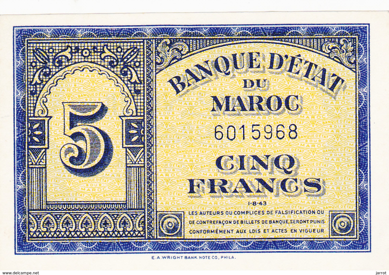 5 Fr 01/08/1943 Billet Neuf Non Circulé - Maroc